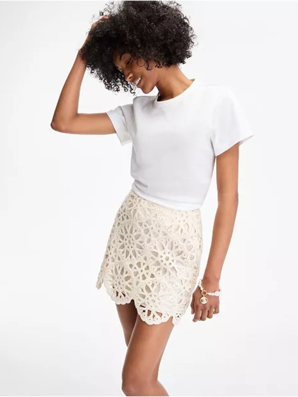 Crochet Lace Sequin Mini Skirt in Cream
